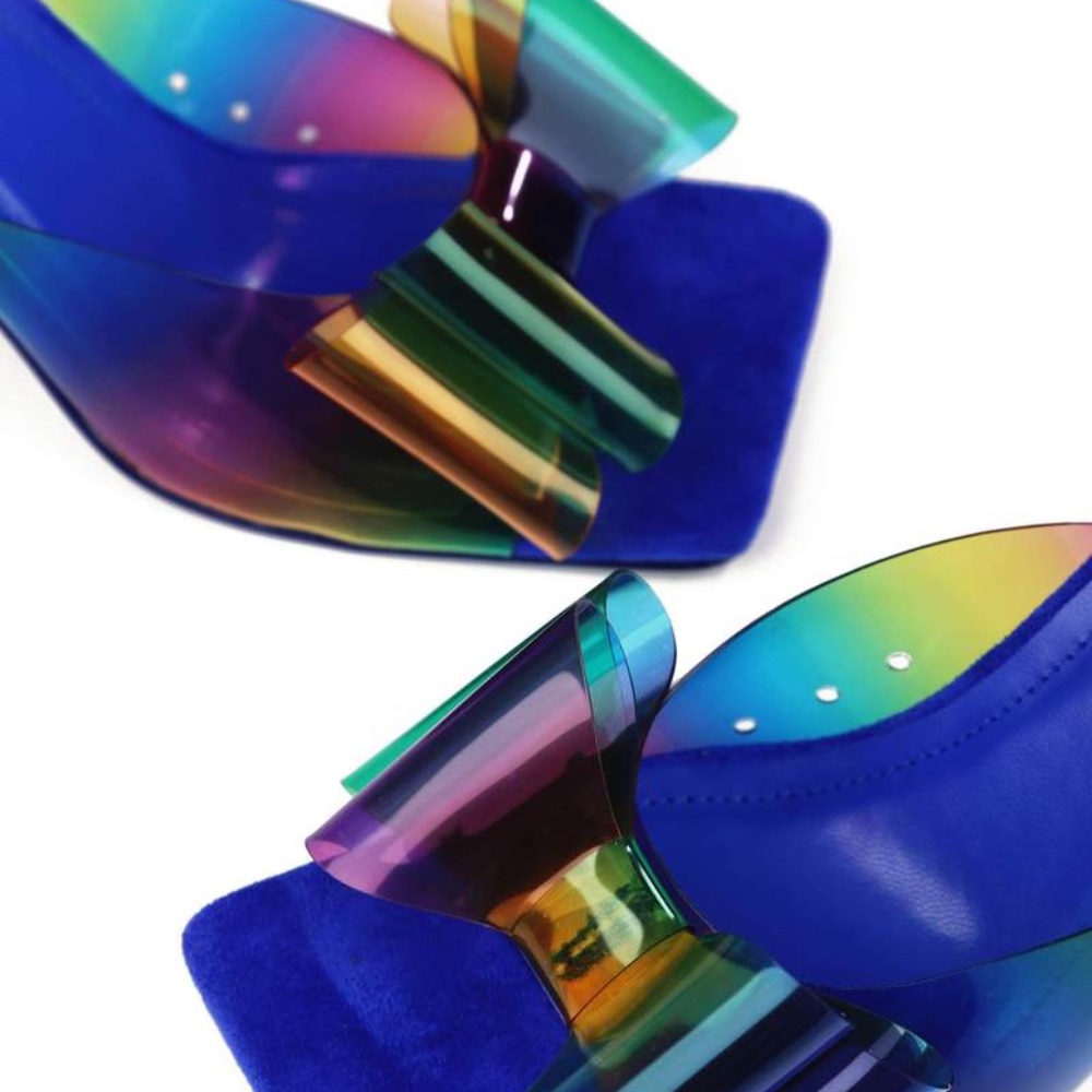 Rainbow Bow PVC Square Toe Heels BLUE - Picture 5 of 5